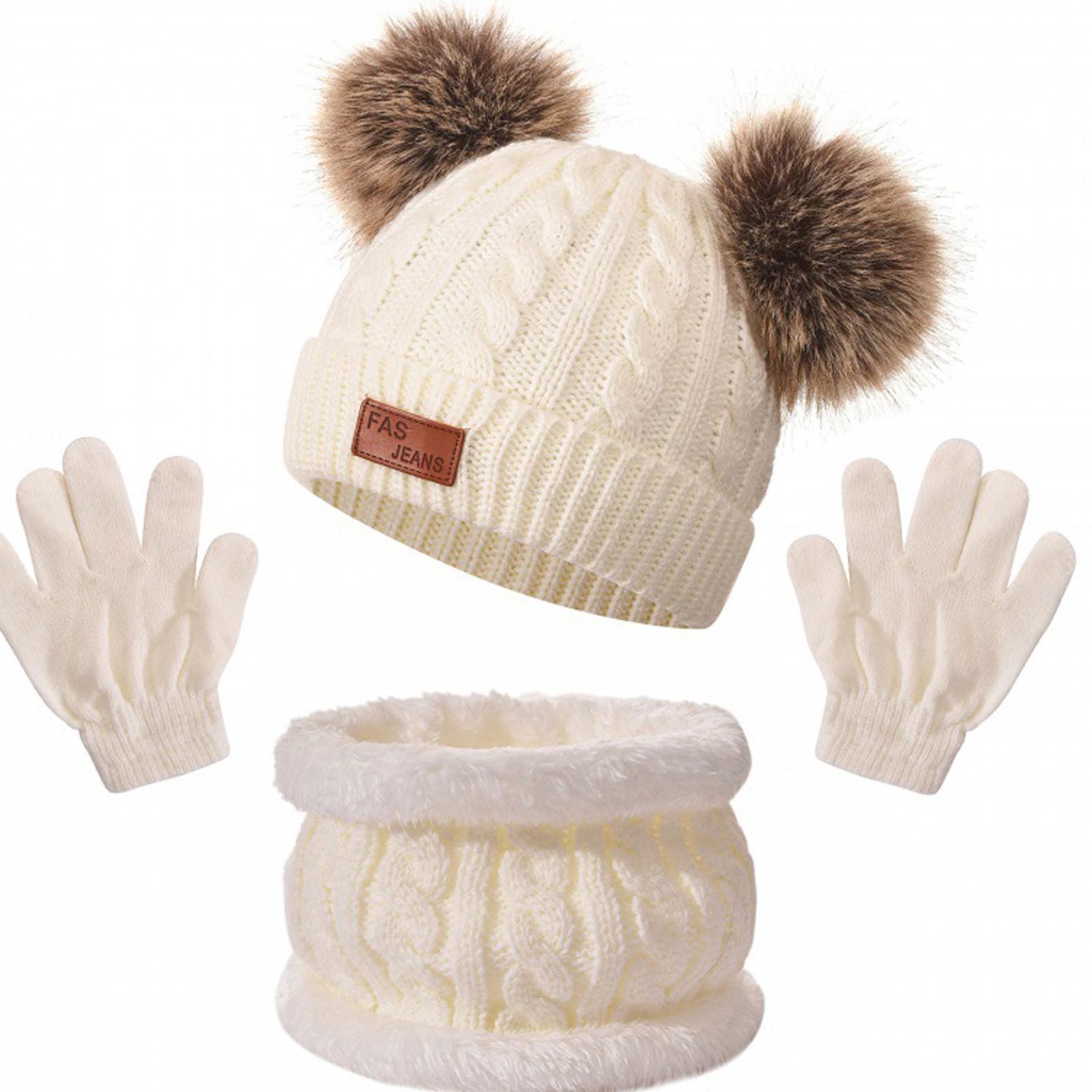 

Детские вязаные теплые шапки с 1 парой перчаток и шарфовТеплая зима One Size белый