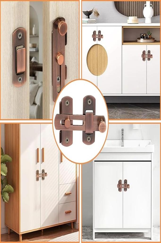 VitalBloom Door Lock, Set of 3 Sliding Door Locks, Copper Color, Retro Style, Stainless