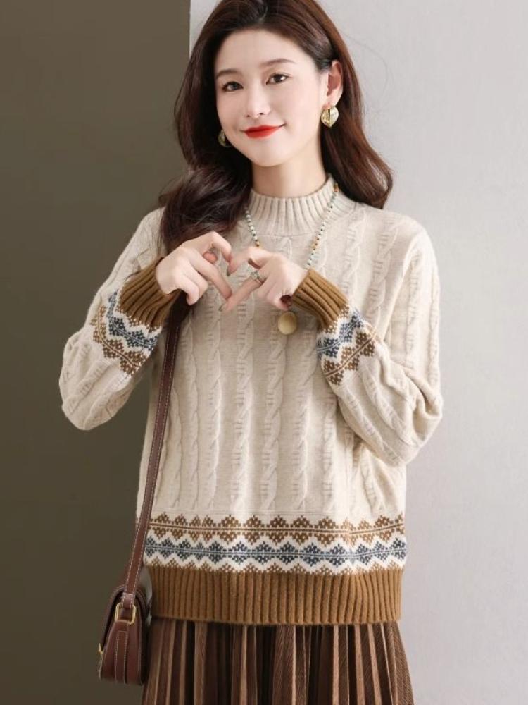 Geometric Pattern Mock Neck Sweater, Casual Long Sleeve Sweater for Fall & Winter, Women's Clothing