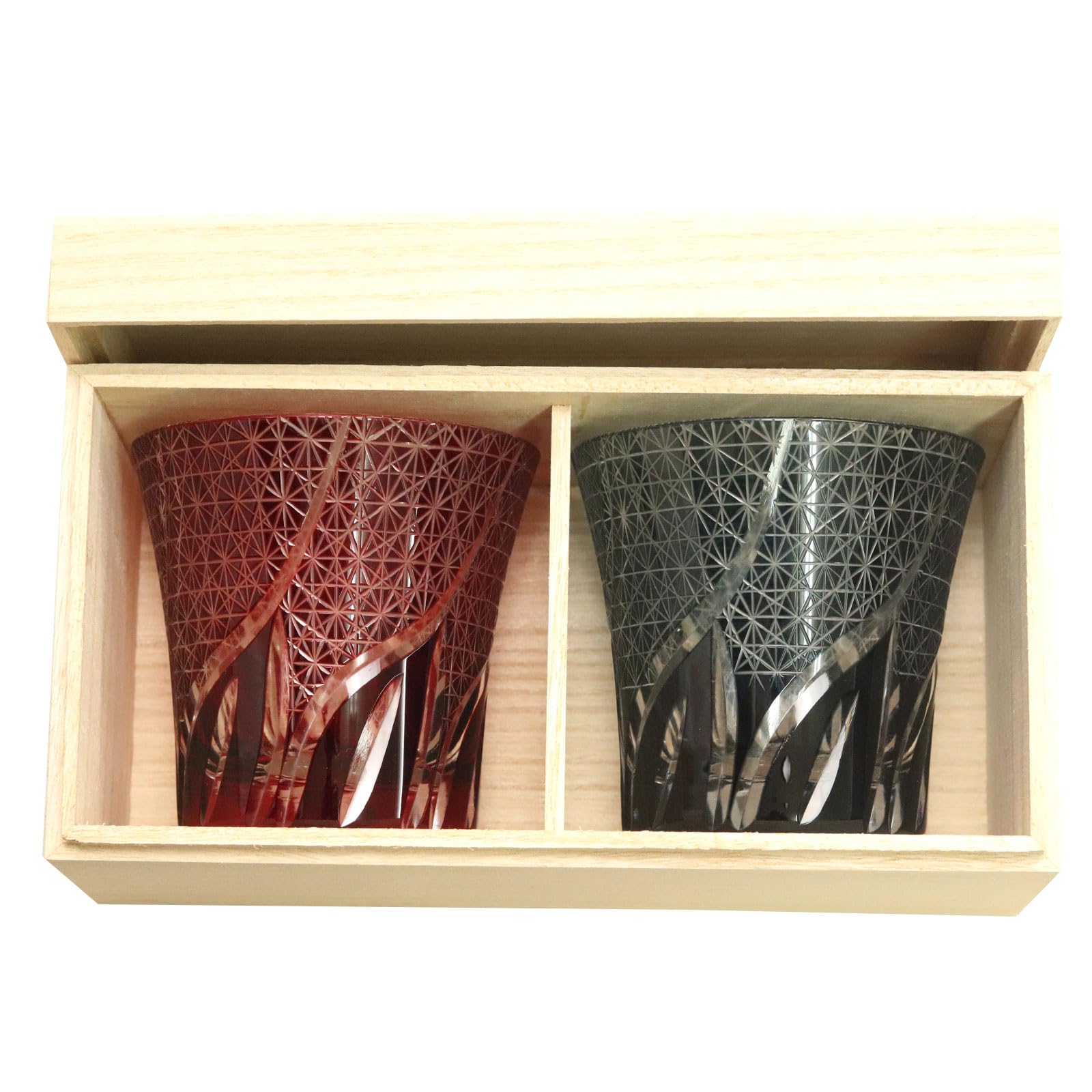 

Kiriko Glass Set, Dishwasher-Safe, Pair of Tumblers, Gift Set, Chrysanthemum Pattern, Paulownia Wood Box, Choice of Pair (Red x Ink Blue)
