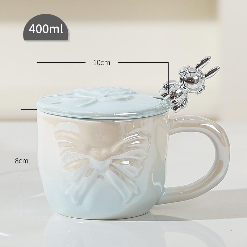 

Relief Pearly Bow Ceramic Cup with Lid with Spoon Gradient Color Girl Student Couple Office Drinking Mug 400m l
