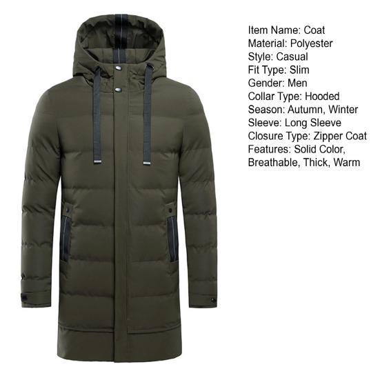 Autumn Winter Men Jacket Cotton Padded Hooded Long Sleeve Drawstring Mid-length Windbreaker for Daily Wear