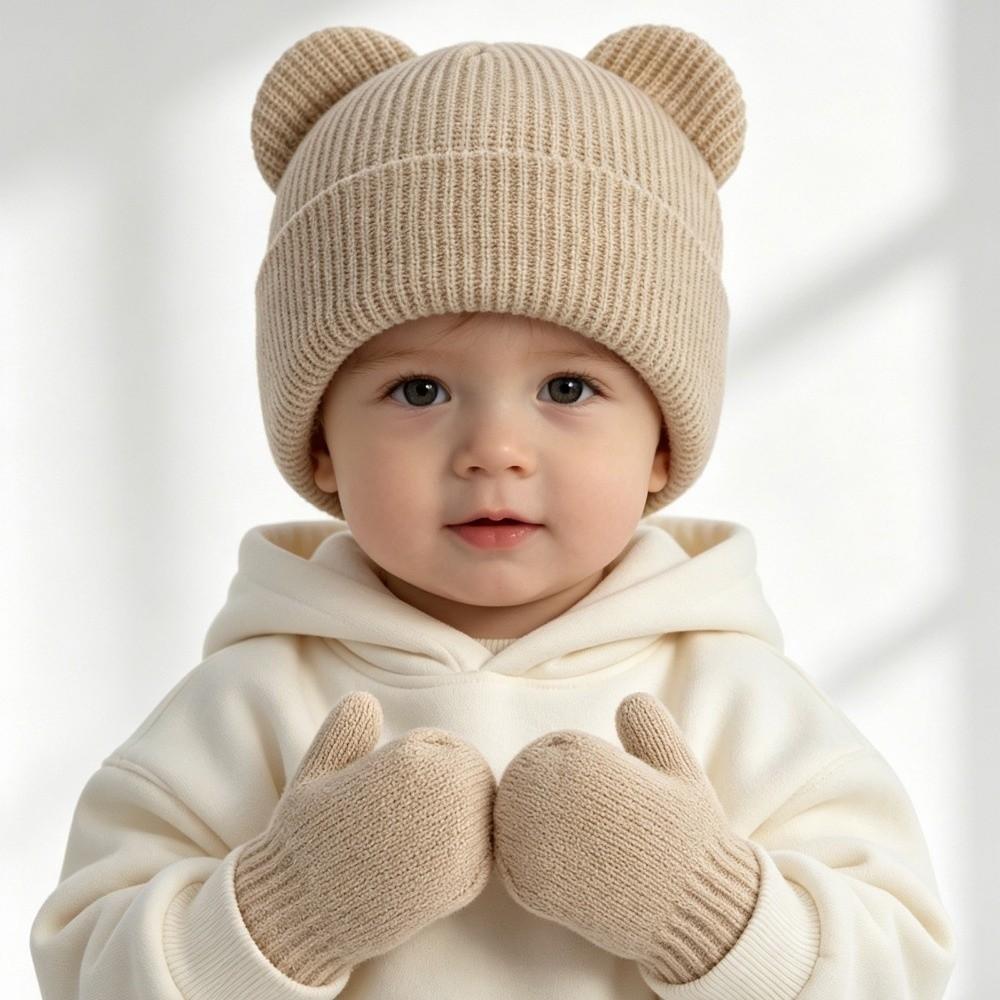 Knitted Bear Ear Earflap Hat Warm Knitted Hat Glove Set Children's Winter Hat for Boys Girls Kids