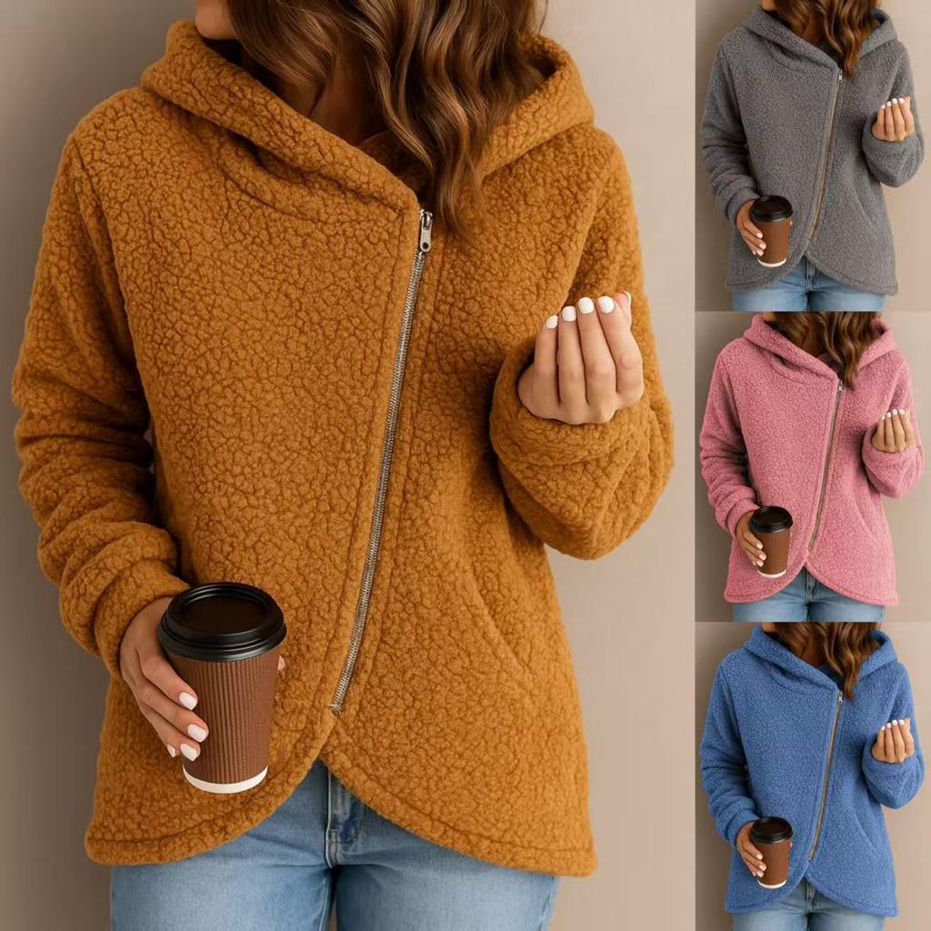 Women's Loose Fashion Lambswool Long Sleeve Zippered Hooded Sweatshirt Jacket
