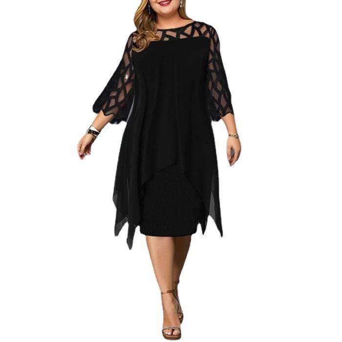 European and American Lace Splicing Seven-quarter Sleeves Irregular Hem Chiffon Dress, Spot