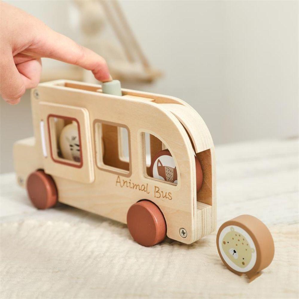Cylinder Blocks Wooden Bus Toy Wooden Material Wooden Cartoon Animal Bus  Children's Day