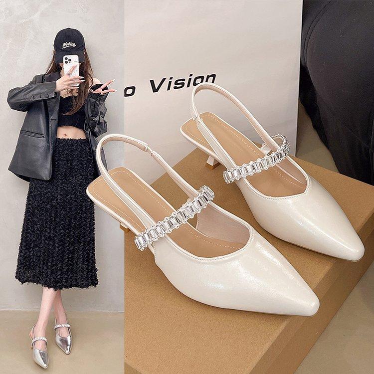2025 summer new fairy wind word with rhinestone sandals women's bag head half drag thick heel shoes pointed single shoes women's outer wear