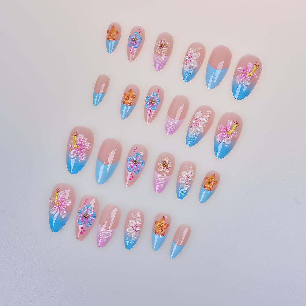 24-Piece French 3D Flower Nail Art Set: Handmade Almond-Shaped Wearable Nails with Removable Glued Design.