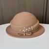 Celebrity Xiaoxiangfeng dome top hat elegant temperament bead bow wool woolen small edge basin hat autumn and winter felt hat