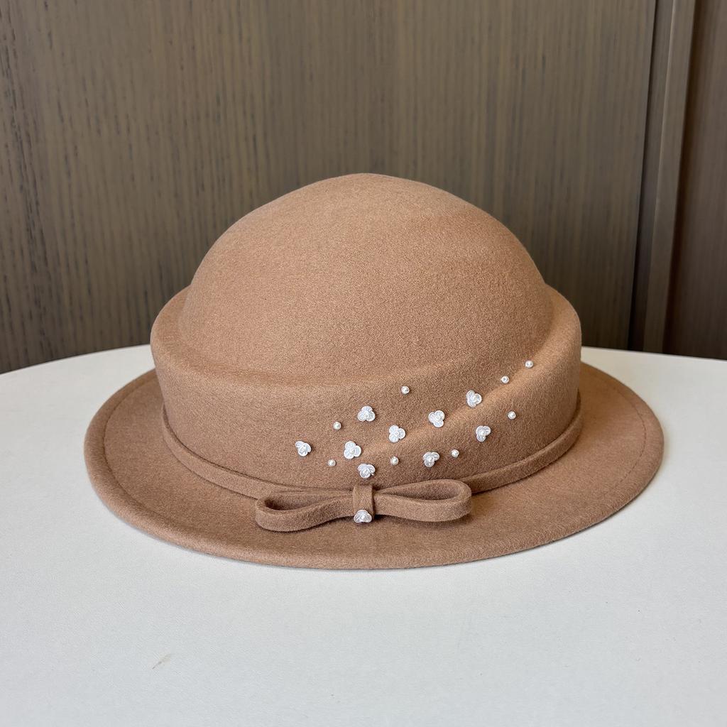 Celebrity Xiaoxiangfeng dome top hat elegant temperament bead bow wool woolen small edge basin hat autumn and winter felt hat
