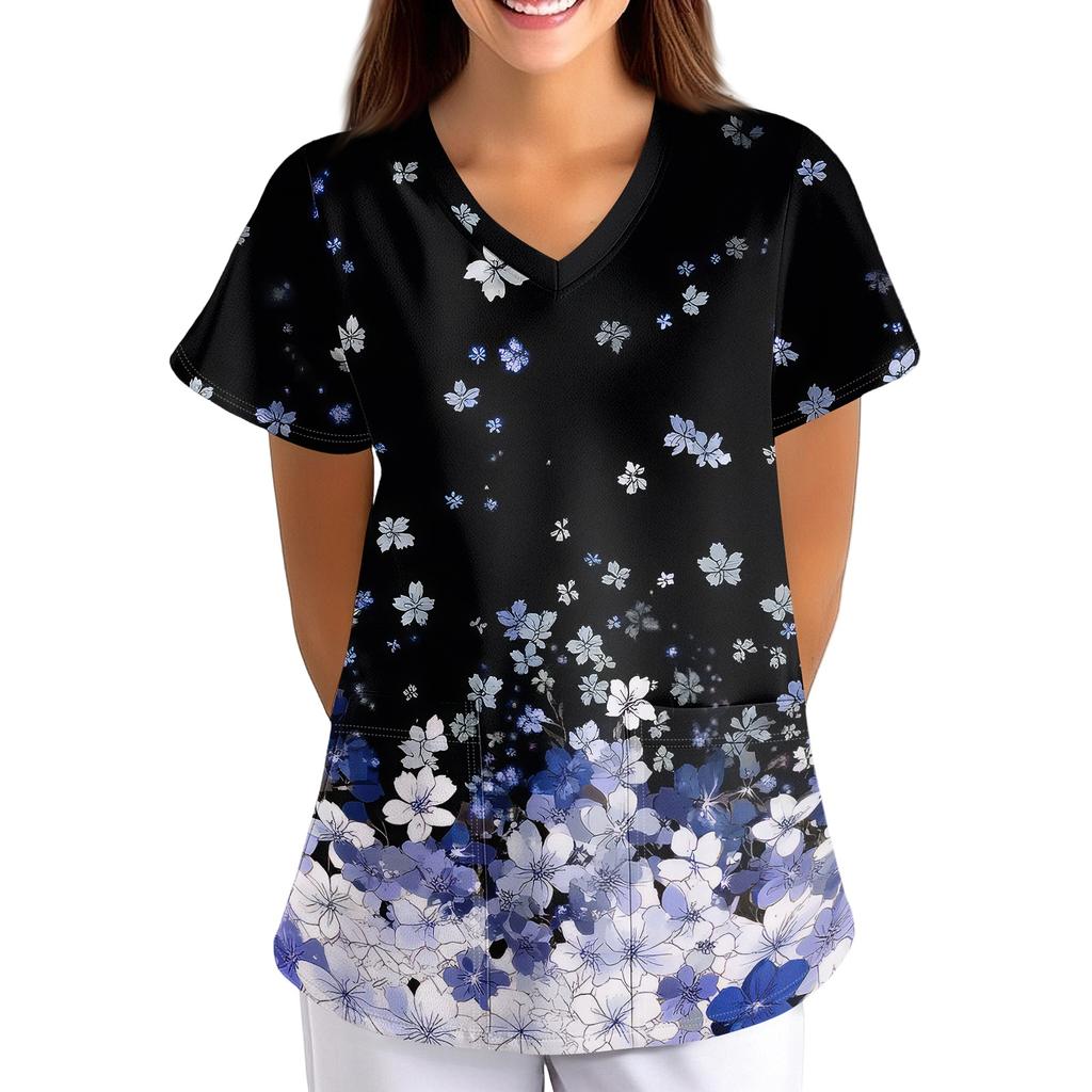 Loose Fit V Neck Short Sleeve Medical Scrub Top with Pockets for Nurses Caregivers Floral Print Comfortable Workwear