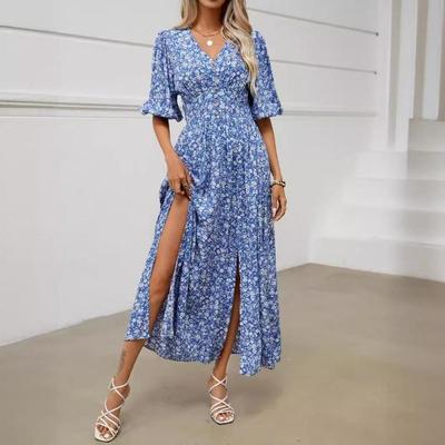 Women Casual Spring Summer Floral Print Bohemian Beach V-neck Short Sleeve A-Line High Waist Elastic Ankle-Length Slit Dress