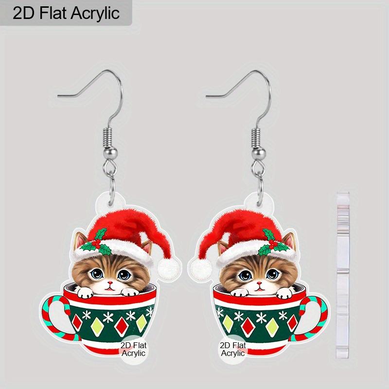 2D Flat Christmas-themed Women's Dangling Earrings, Colorful Christmas Earrings, Christmas Hat Cup Cat, Christmas Party Jewelry Gifts
