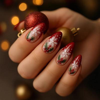 Packung mit 24 Schneeflocken Rot Mandelform Aufdrücknägel Elegantes Design für tägliche Partys und Dekorationen für besondere Anlässe
