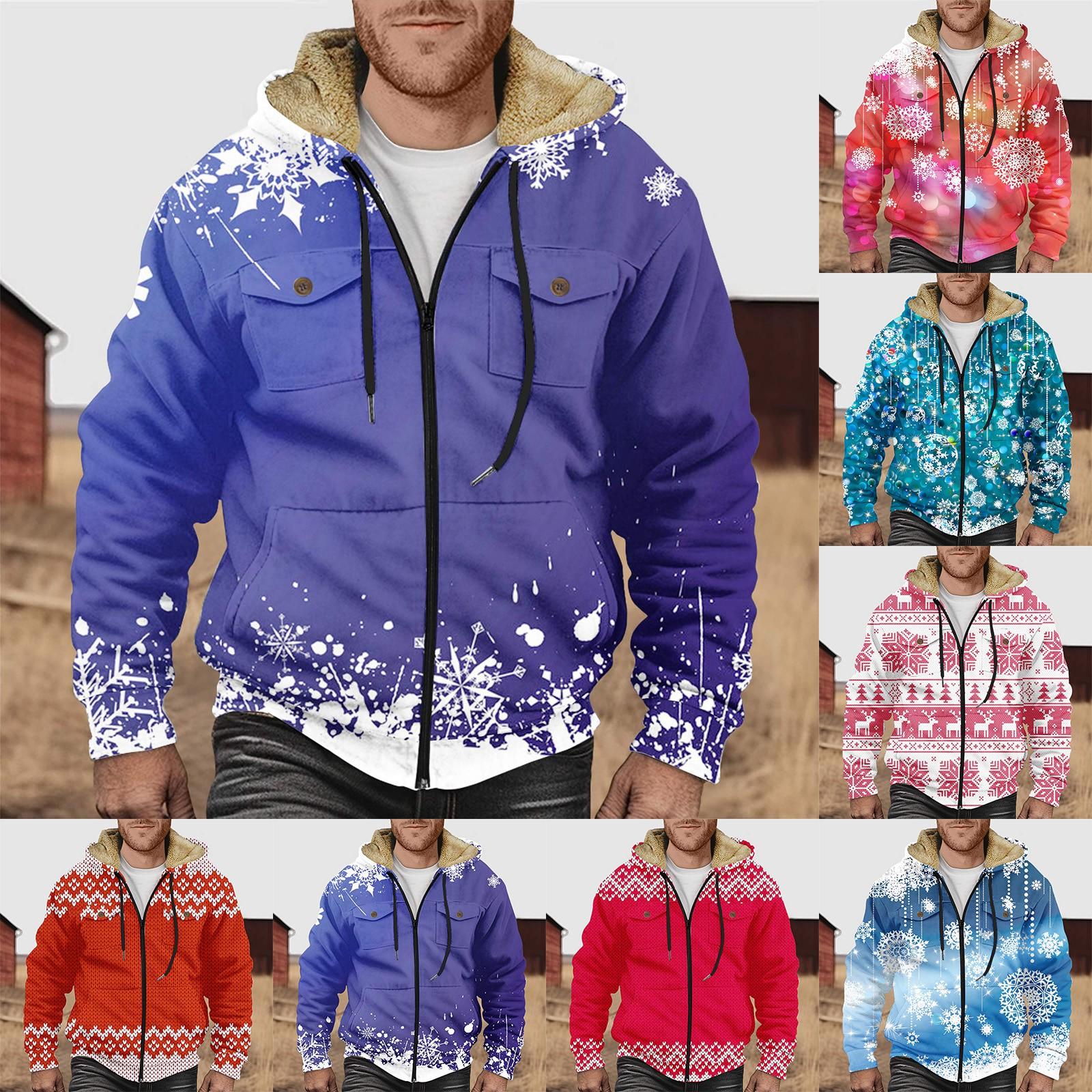 

Мужская куртка с двойным карманом и рождественским принтом. Мужская весенне-осенняя повседневная трендовая куртка на молнии с капюшоном.