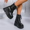 Mode Punk Stil Schwarze Keilstiefel für Damen Herbst Winter Klobige Plateau Stiefeletten Frau Super Hoher Absatz Motorrad Botas Mujer