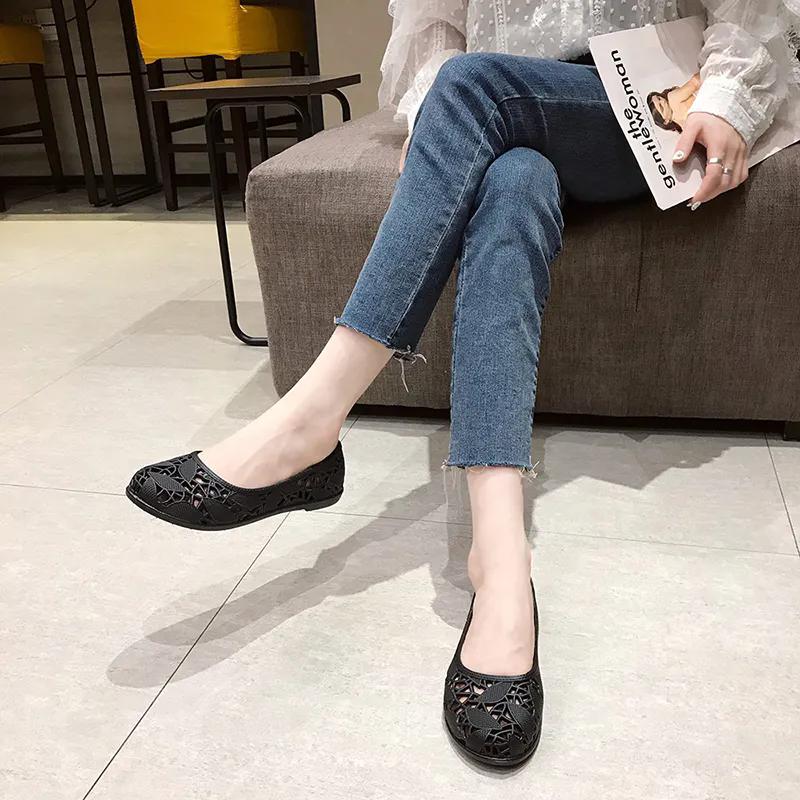 WTEMPO Ausgehöhlte, atmungsaktive, flache, dicke Ferse, rutschfeste Freizeit-Arbeitsschuhe für Damen, Frühling, Sommer, große Größe, einfarbig, Einzelschuhe