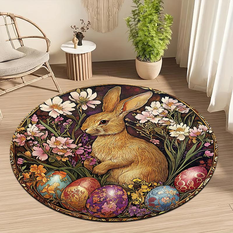 Vintage Rabbit Round Rug Non-Slip Machine Washable Floor Mat 2D Flat Soft Area Rug for Bedroom Easter Decor Gift