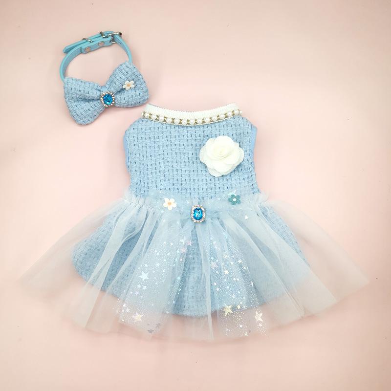 Pet Pink Woolen Dress Coat Princess Mesh Bow Dress Cat Clothing Pet Set Puppy Clothes Autumn/Winter Pink Dresses Puppy