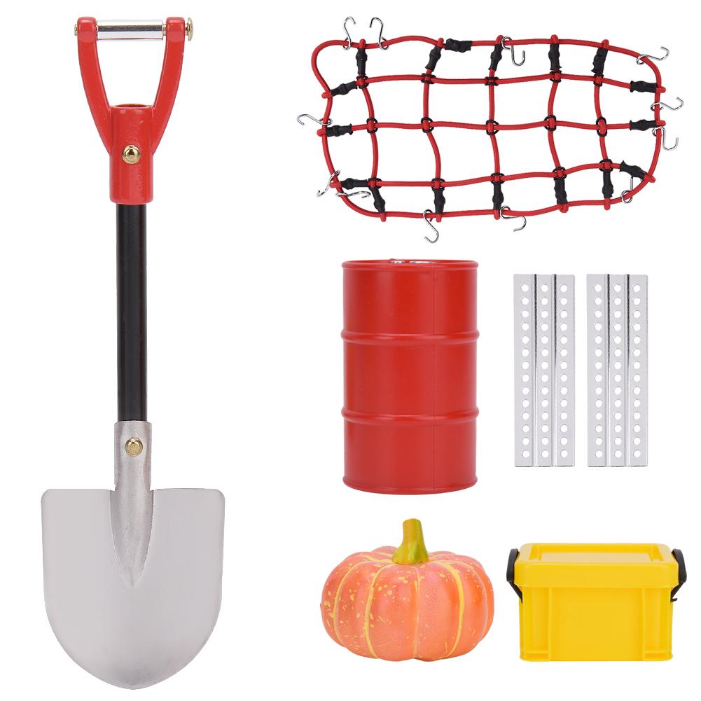 

6pcs Oil Barrel Storage Box Pumpkin Shovel Metal Barricade Plate Luggage Net RC Car Decorative Tools