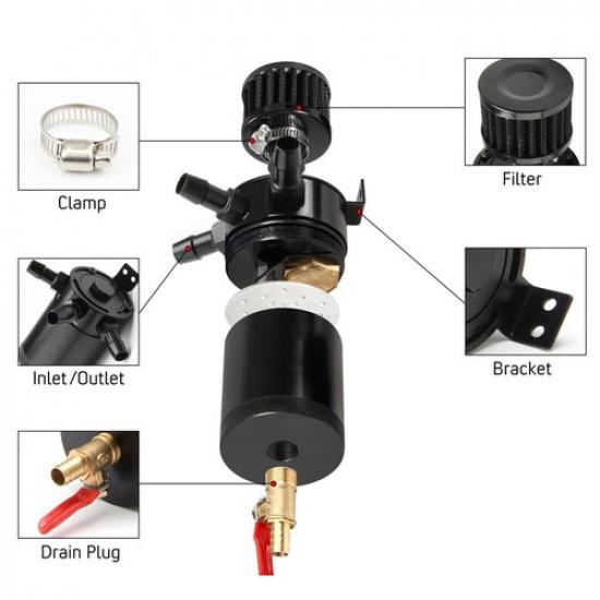 Black Universal 2-Port Oil Catch Can Tank Reservoir Drain Valve Breather Filter