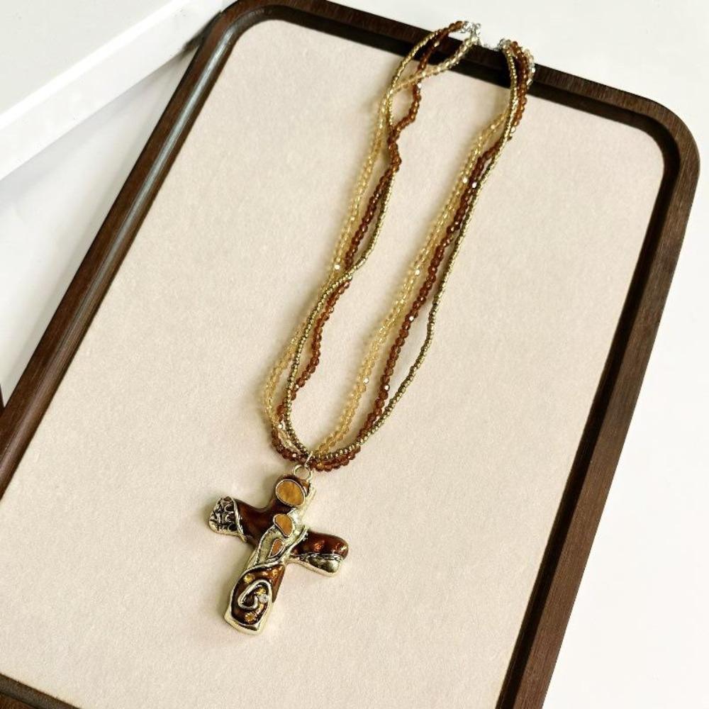 Metal Pendant Beaded Chain Necklace Multicolor Sweater Necklace Punk Gothic Cross Necklace  Travel