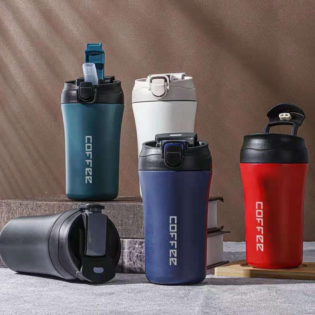 Nerezová termoska na kávu, Termohrnek se slámkou, Cestovní hrnek do auta, Vakuové lahve pro ženy a muže, 400 ml