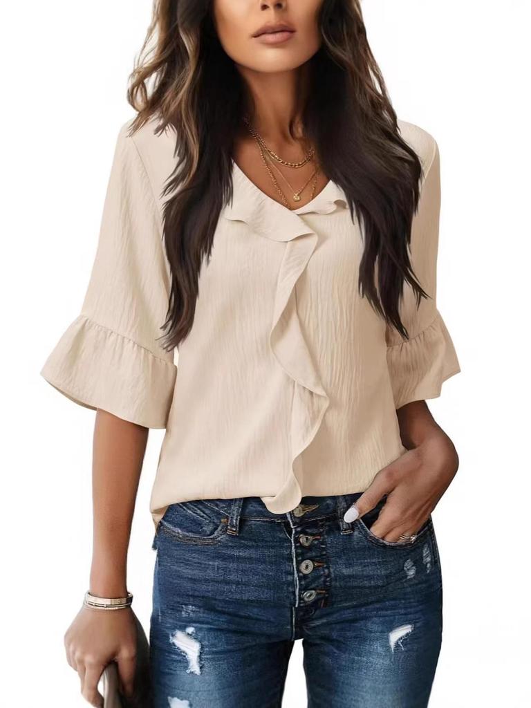 2026 Spring/Summer European & American V-neck Pleated Ruffle Loose Top