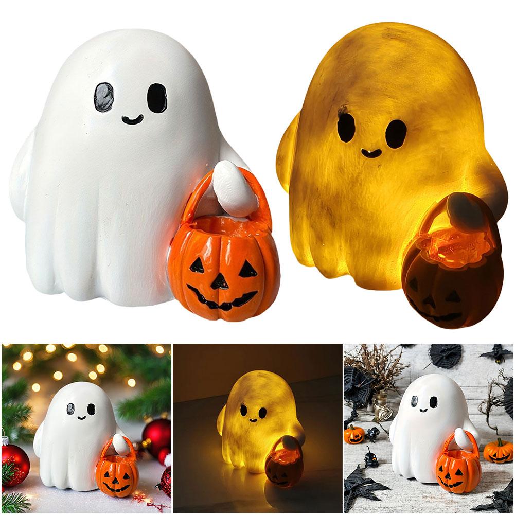 Halloween Ghost Figurine with Pumpkin Spooky Resin Ghost Statue Cute Ghost Figurine for Halloween Decorations Home Decor