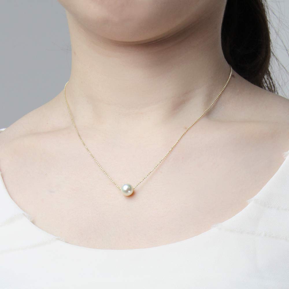 Moon Label Pearl Necklace with Akoya Pearl Pendant in 18K Yellow Gold for Women 8.0mm (Natural White) [Gift Wrapped]