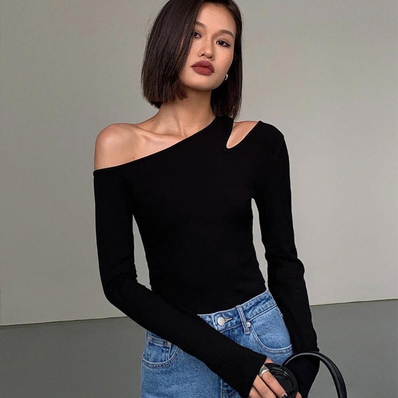 Womens Black Long Sleeve Slim Fit Off Shoulder Top Milk Silk Base Layer T-Shirt Elegant Casual Wear