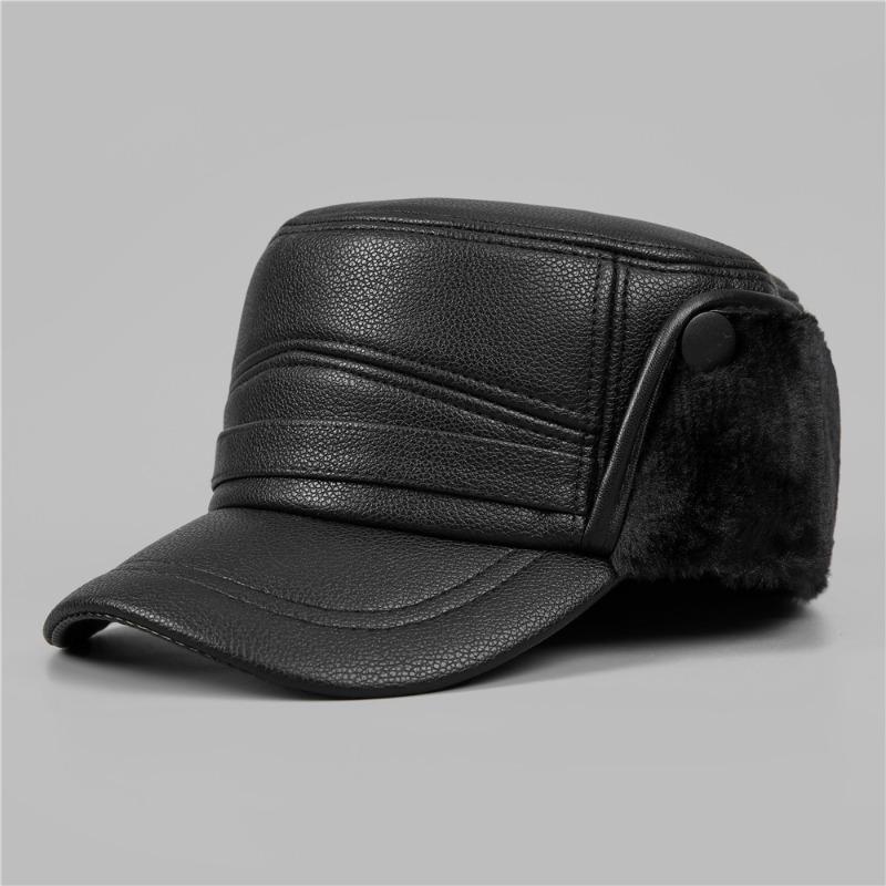 Middle-aged Old Man Hat Men's Winter Warm Leather Hat Fleece Cold-proof Old Man Ear Protector Flat Top Cap