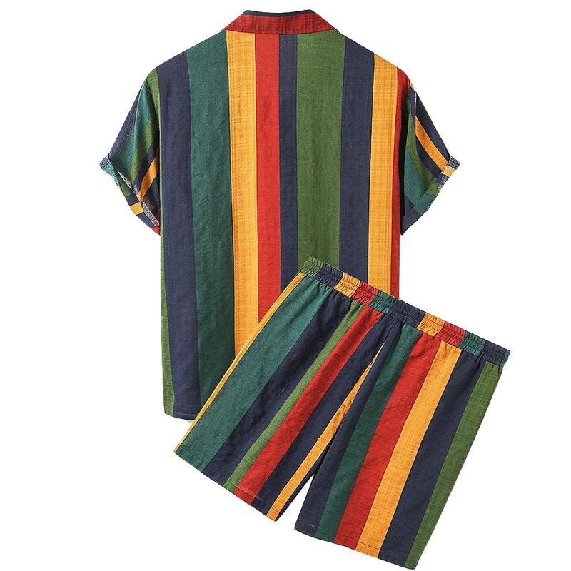 Men's Beach Style Hawaiian Two-Piece Shirt Set Colorful Striped Short Sleeved Shorts Set