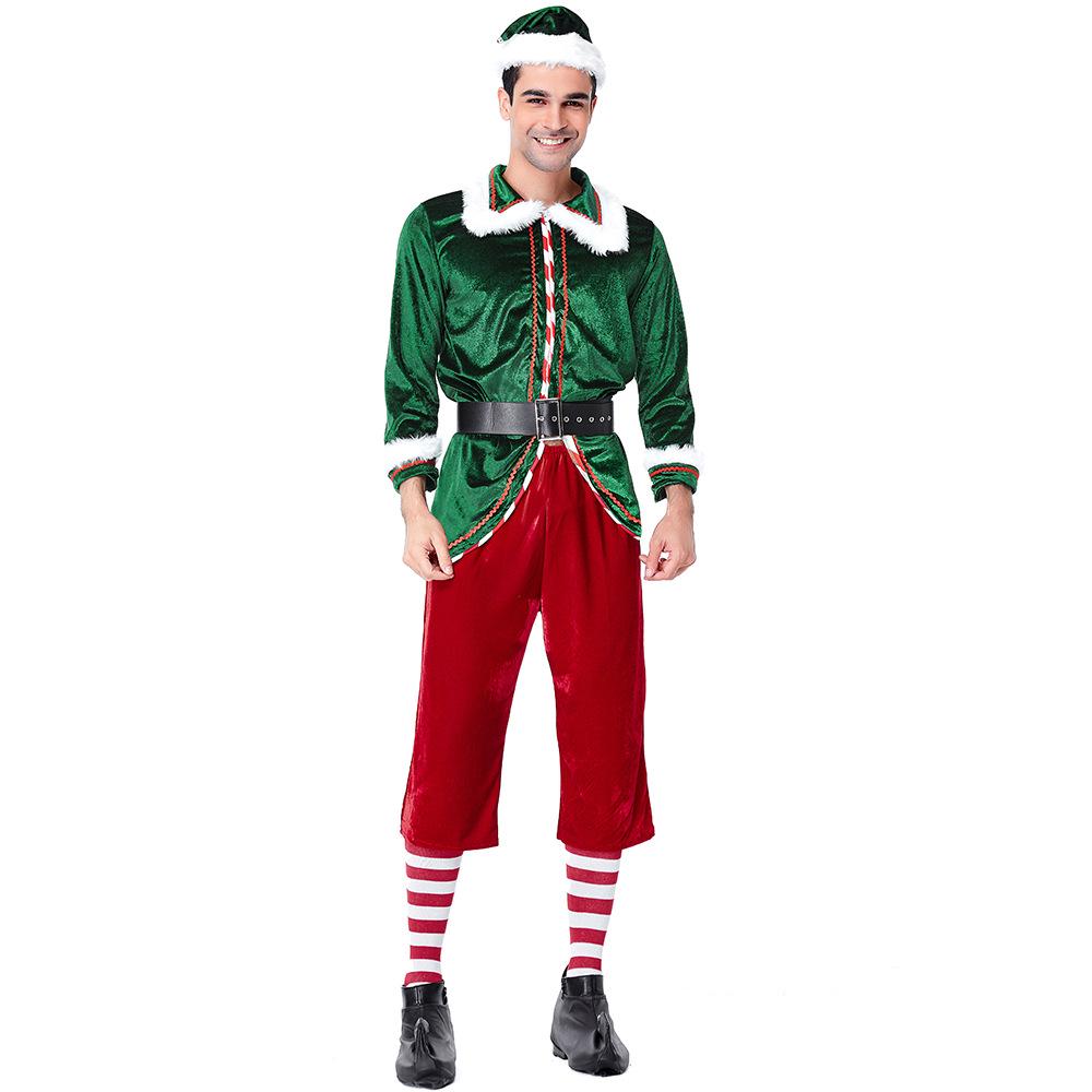 Adult Men Christmas Xmas Green Elf Top Pants Hat Socks Velvet Sets New Year Halloween Role Play Dress Up Cosplay Costume