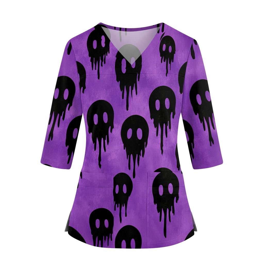 Women's V Neck Costume Top with Pockets Side Slits 3/4 Sleeves Halloween Print for Party