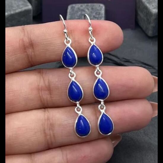 Solid 925 Sterling Silver Lapis Lazuli Pear Shape Gemstone Handmade Women Dangle Earrings