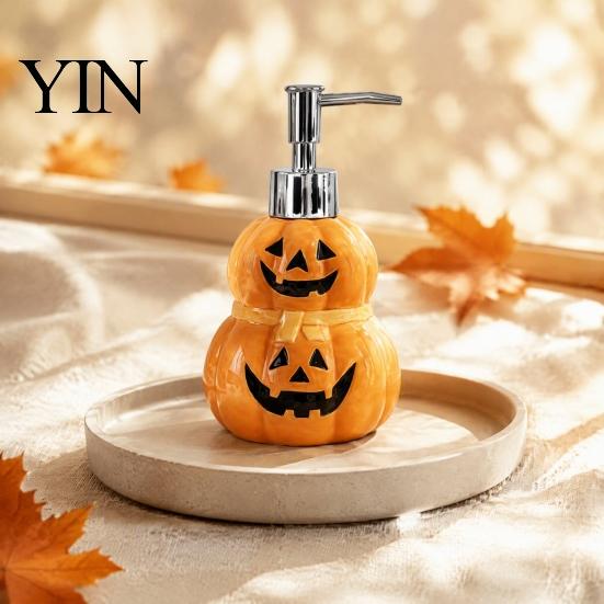 Spooky Soap Dispenser Halloween Ceramic Ghost Dispenser, with Stainless Steel Pump, Pumpkin Refillable Pump Bottle Liquid Hand Container, Empty Shower