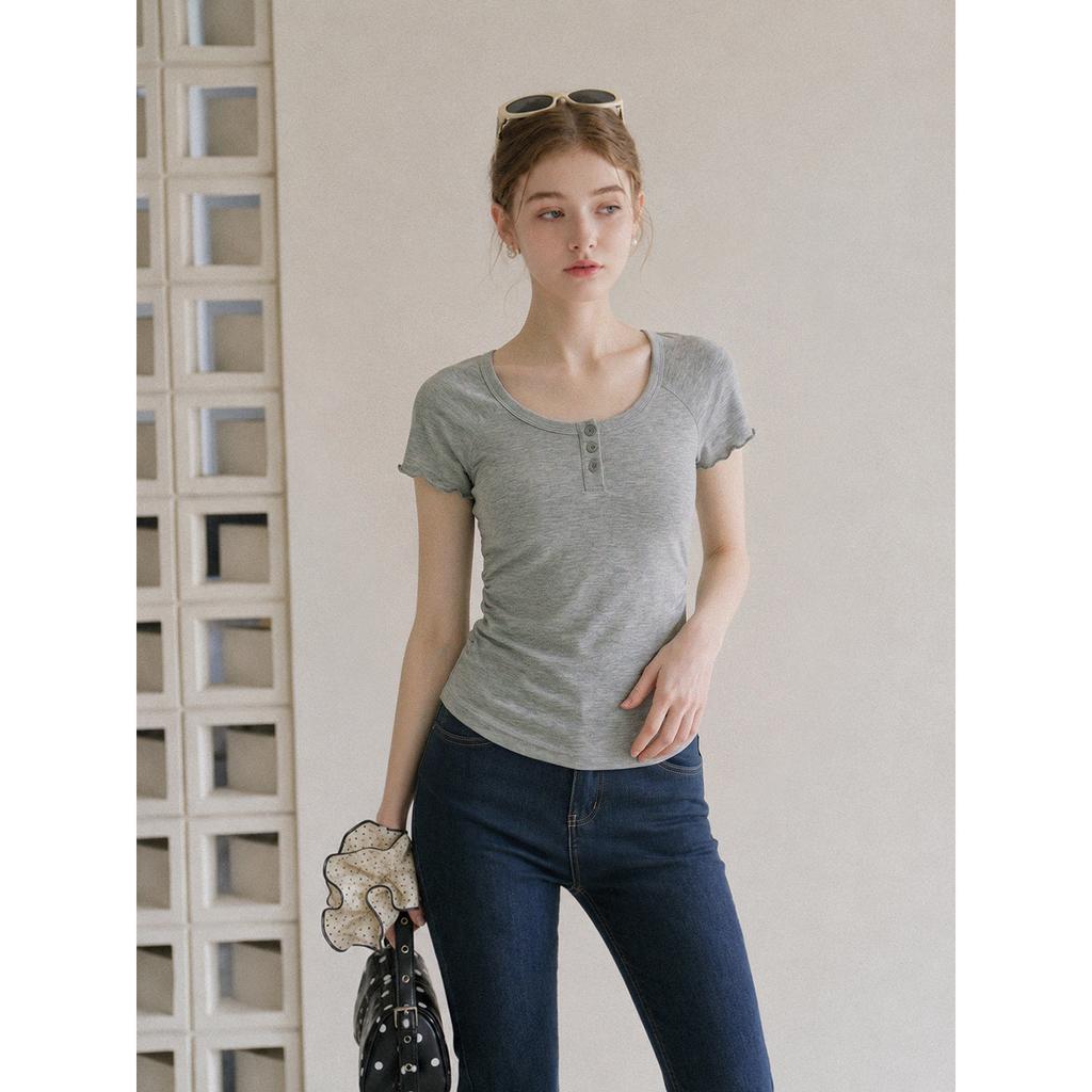 Gray Henry Neck Short Sleeve T-Shirt Women's Summer Irregular Slim Skinny Design Unique Shirt Top