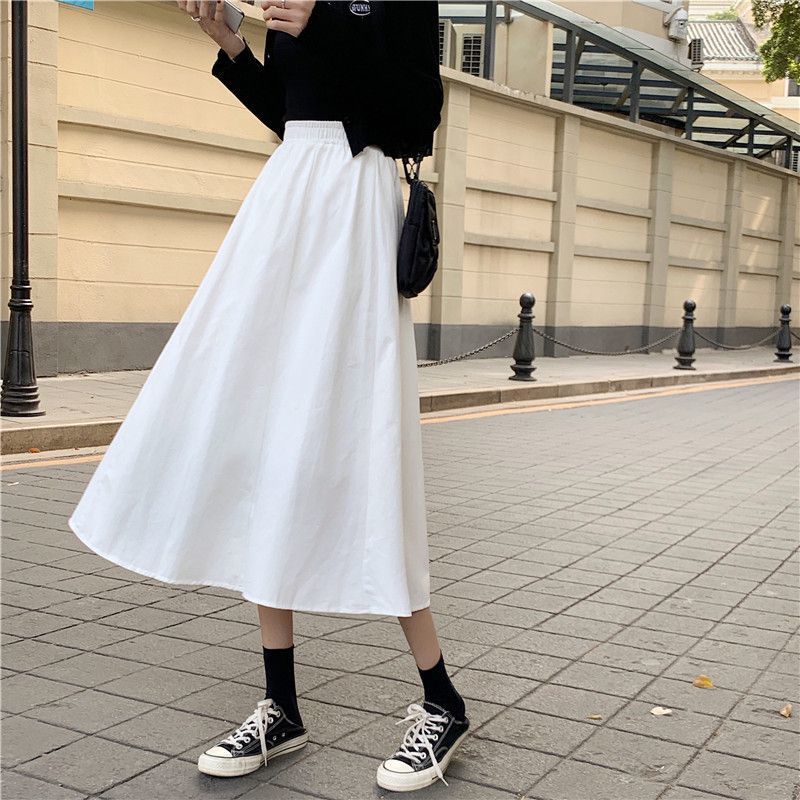 Women White Long Skirt Fashion Pockets Pleated Knee Length Skirts Autumn 2025 New Casual Elegant High Waist A Line Femme Skirts