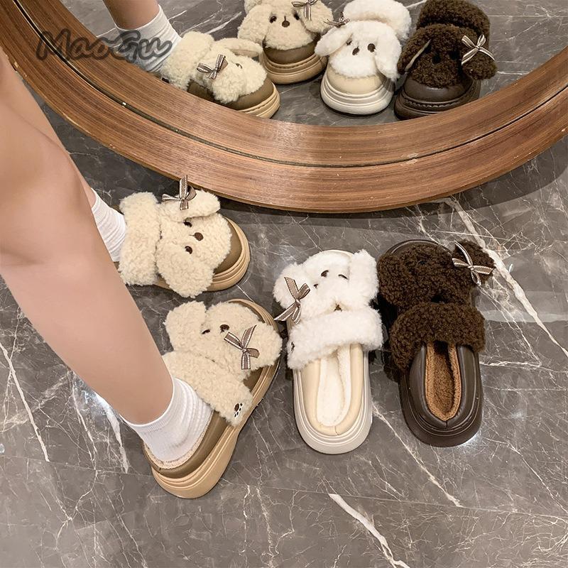 Fashion Cute Short Plush Cartoon Puppy Indoor Slippers Women Winter Warm Faux Fur Cotton Slides Comfortable Thick Bottom Bedroom Slipper