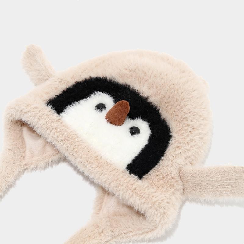 Cute Cartoon Penguin Hat Kids Thermal Headgear Winter Baby Plush Ear Protection Hat Children Thick Fleece Earmuffs Cap Ties Beanie