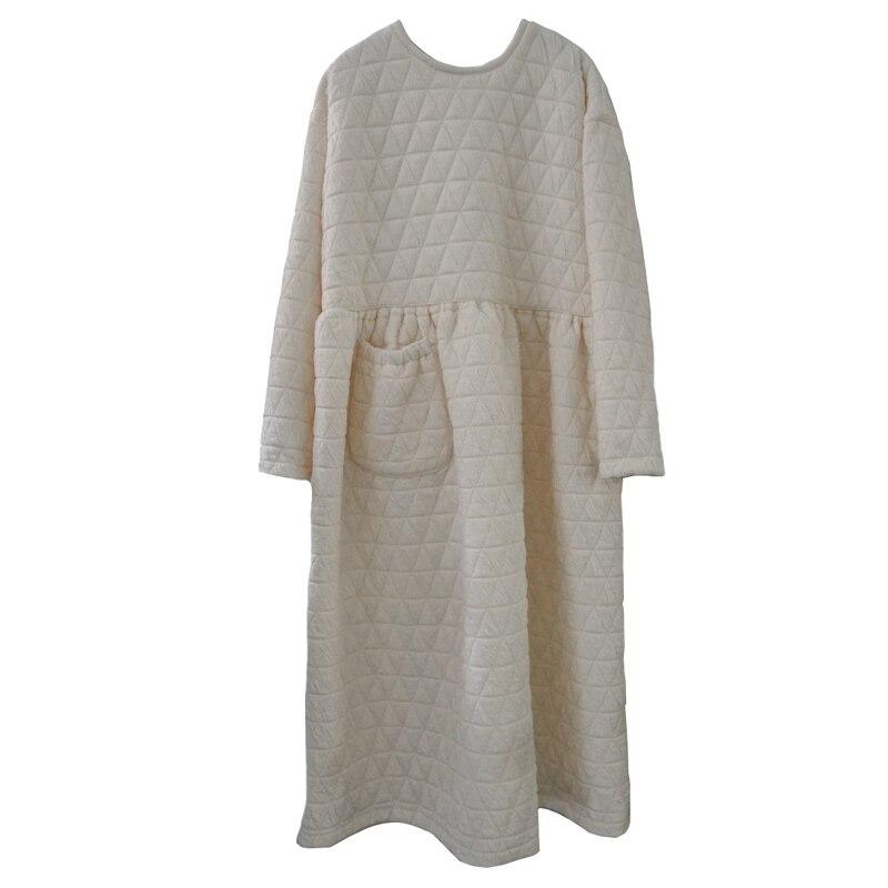 Johnature Women Vintage Winter Dresses Warm Thick O-Neck Long Sleeve Pockets Female Robes High Waist Dresses