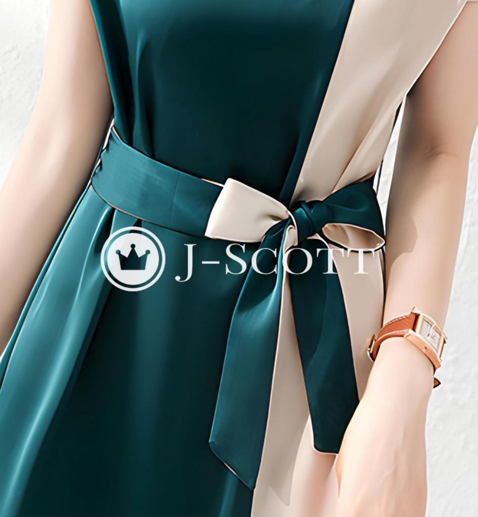 J-Scott Two-Tone Dress (Limited Stock) - Asymmetrical, Flared, with Buttons, Ribbon, Midi Length, Wide Neck, Short Sleeves, Beige (JS71-GR-XL)