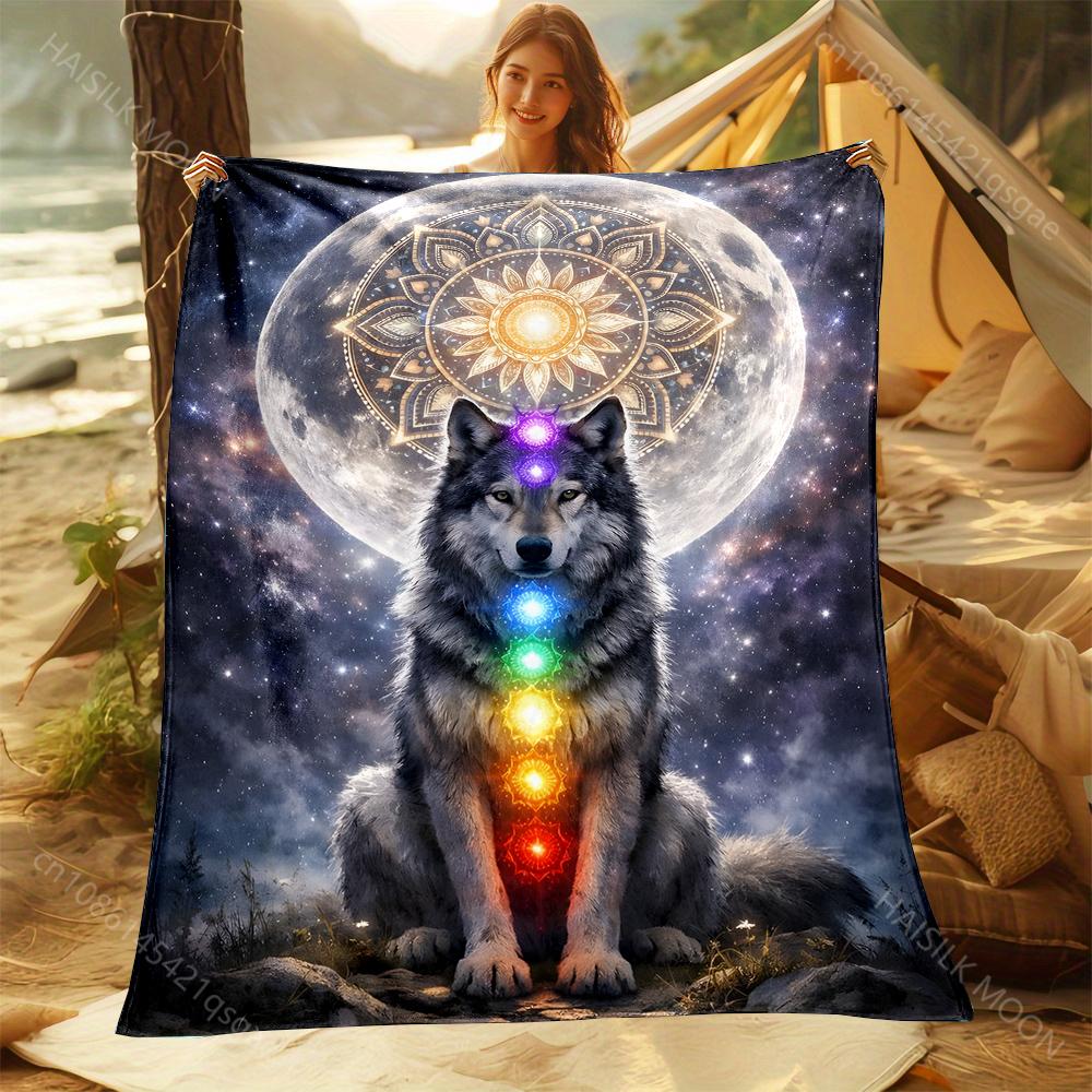 1PC Wolf Starry Sky Full Moon Chakras Print Adult Children Warm Blankets Home Sofa Travel Camping RV Suitable for All Seasons