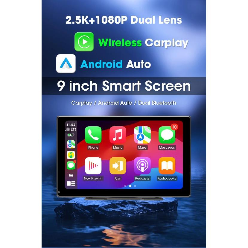 Srnubi 2.5K 9 inch Dash Cam Car DVR Wireless Carplay&Android Auto GPS Navigation Video Recorder Dashboard Dual Lens Wifi FM AUX