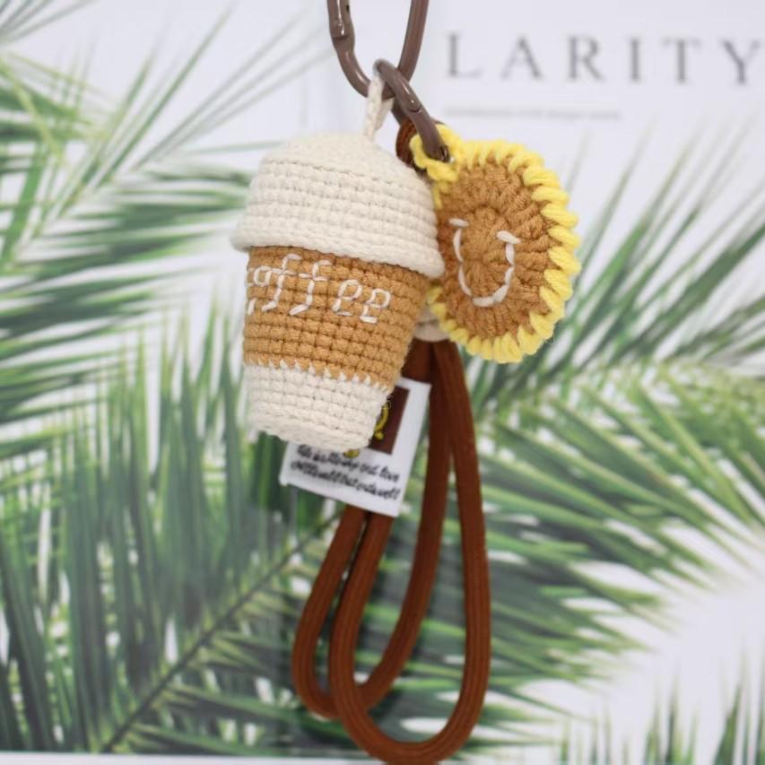 Finished Handmade Crocheted Smiling Coffee Cup Sporty Four Seasons Cufflinks Pendant Gift for Girls Bag Charm Ornament