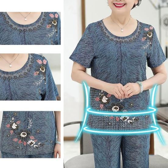 2Pcs/Set Grandma T-shirt Pants Suit Summer Short Sleeve O Neck Elegant Flower Print Breathable High Elastic Elderly Women Mom Top Cropped Trousers Kit