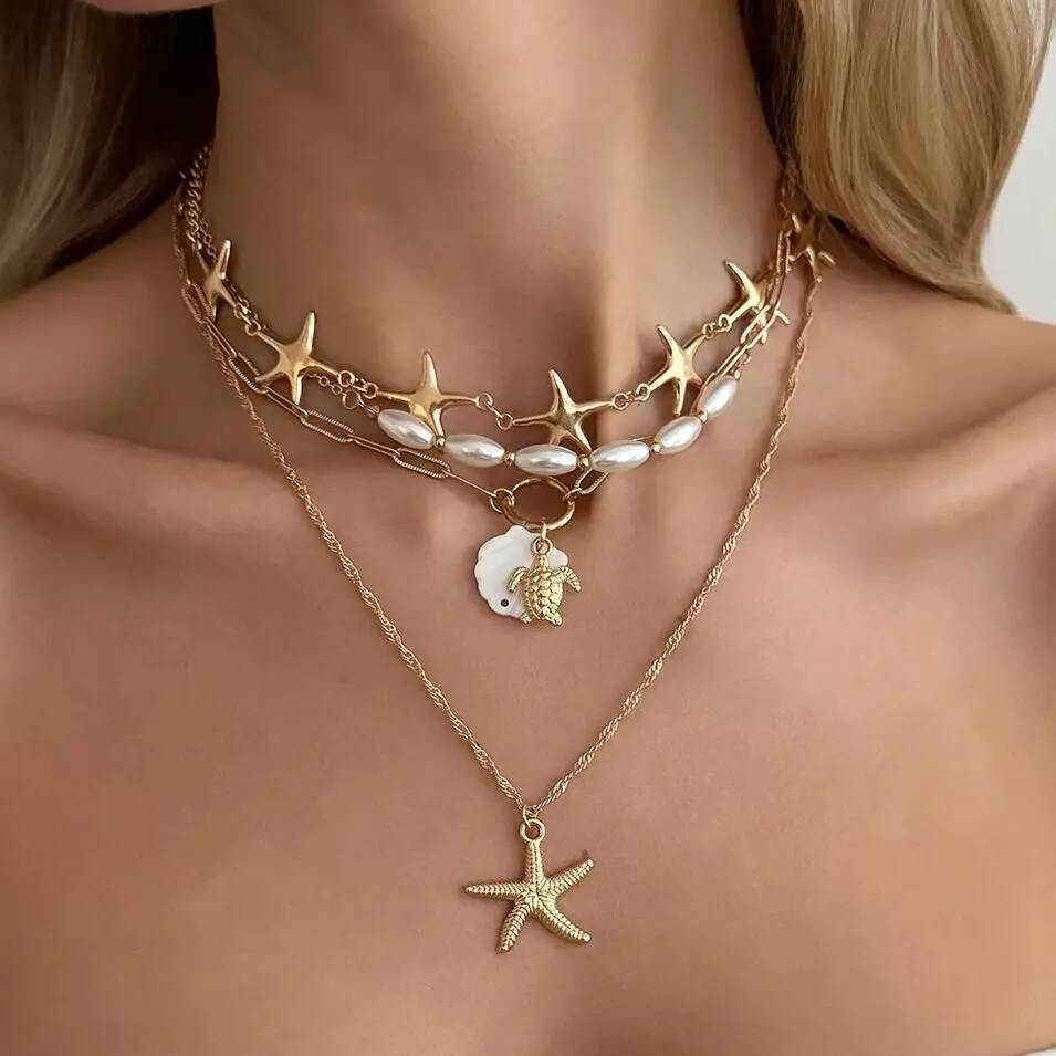 SHIXIN Bohemian Starfish Sea Turtle Pendant Necklace for Women Handmade Imitation Pearl Multilayer Choker Summer Beach Jewelry