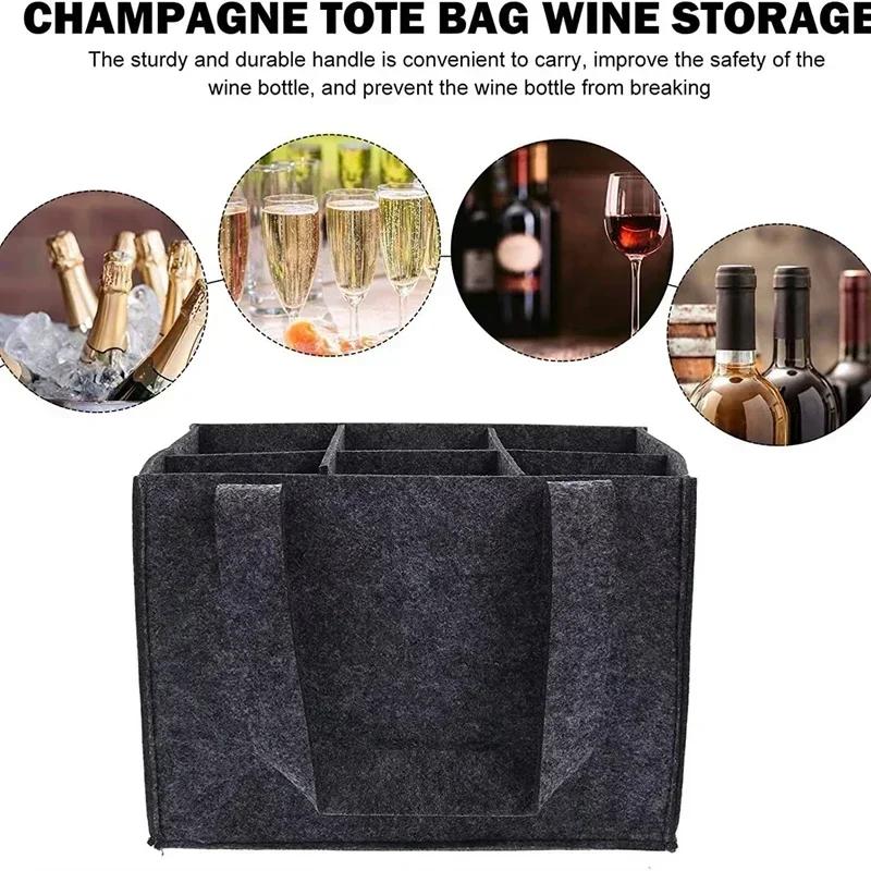Portable Felt Wine Carrier Bag for 6 Bottles with Divider, Reusable Wine Tote with Handle, Grey Wine Bottle Holder for Travel