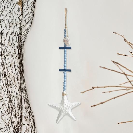 Wooden Starfish Nautical Wall Art Coastal Theme Hanging Wall Decor with Beads And Jute Rope Rustic Beach Room Decor for Living Room Bedroom